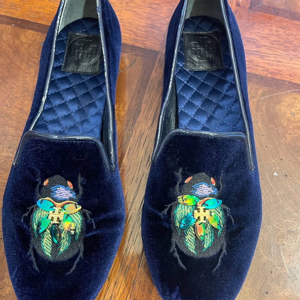 Tory Burch blue velvet smoking slipper
